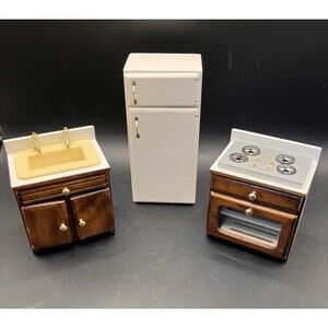 VTG Dollhouse Kitchen Furniture Stove Oven Sink Icebox Fridge 1:12 Mini Diorama